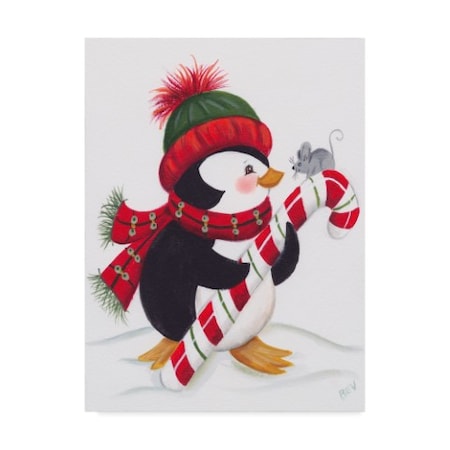 Beverly Johnston 'Penguin With Mouse On A Candy Cane' Canvas Art,18x24